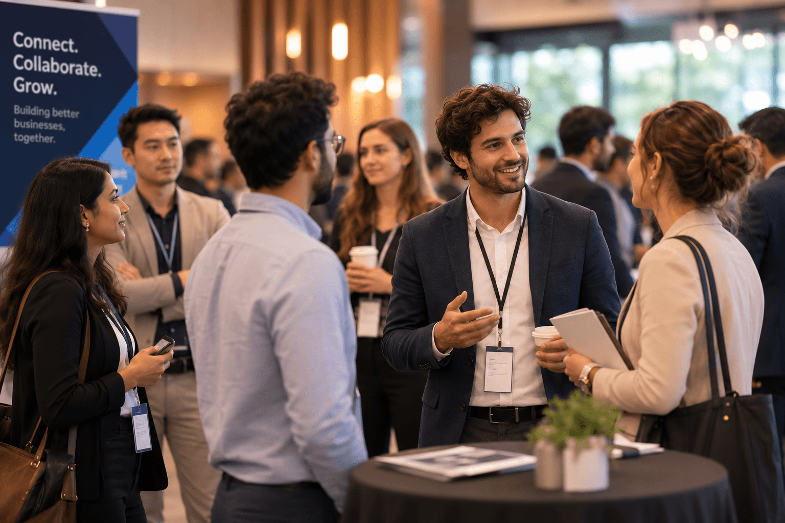 Salesperson speaking with professionals at a business networking event while others wait to connect, illustrating inbound lead generation and outbound prospecting.